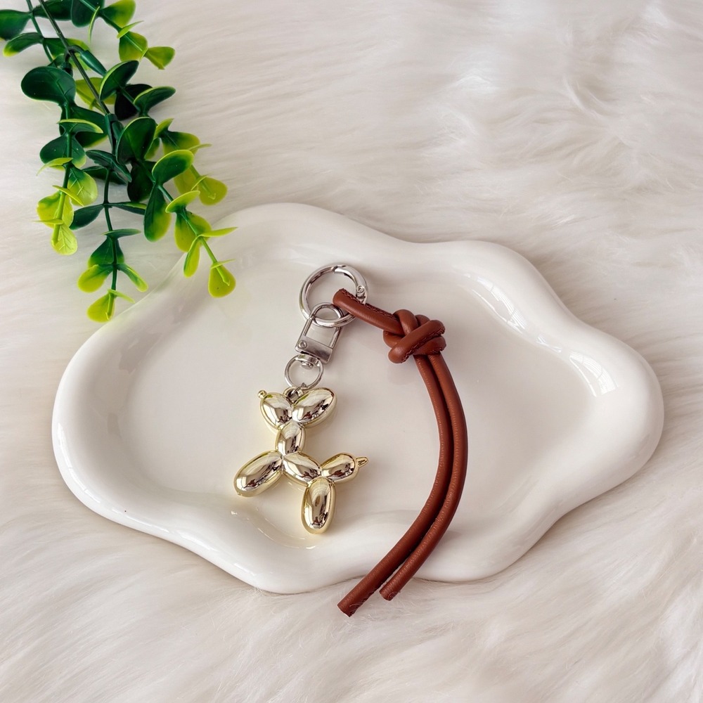Gold Balloon Dog Keychain/ Bag Charm with Faux Leather Brown Knotted Cord